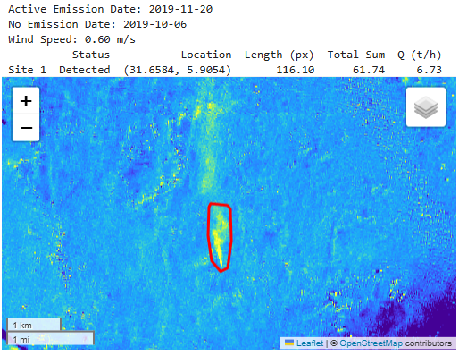 Quantified methane plume at Hassi Messaoud, Algeria (Site 1, 6.73 t/h)
