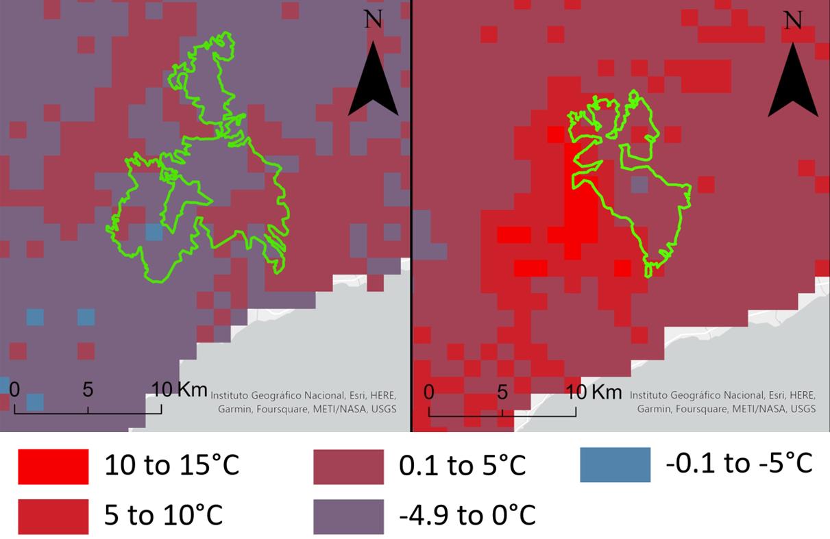 Land surface temperature anomaly maps for two Málaga wildfires